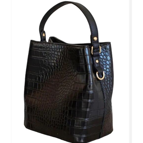 NWT AOTA $188 ELENA Croc Top Handle Bucket Crossbody Bag, Women's Black Purse - Picture 4 of 8